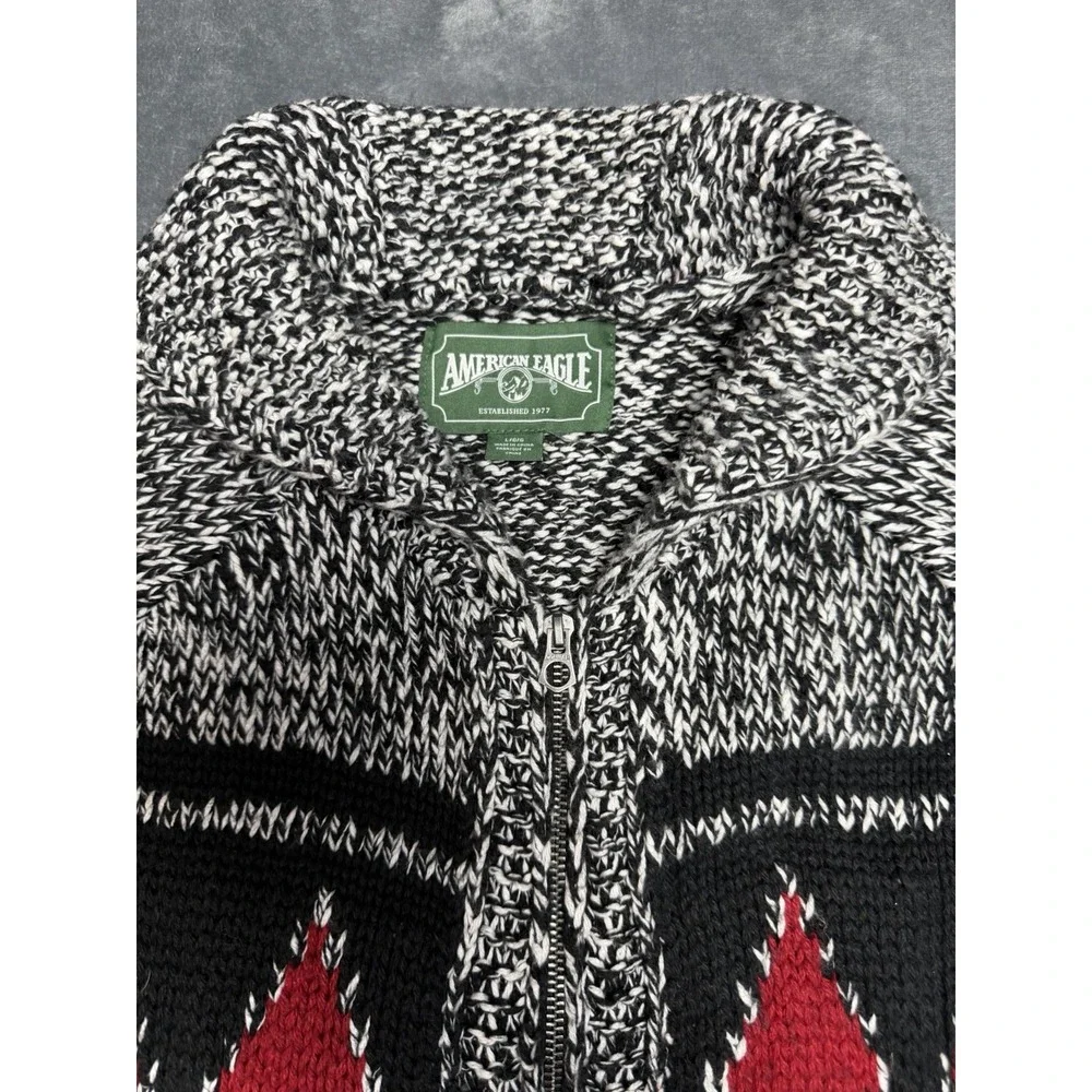 American Eagle Full Zip Cardigan Mens Large Black Red Fair Isle Shawl Sweater